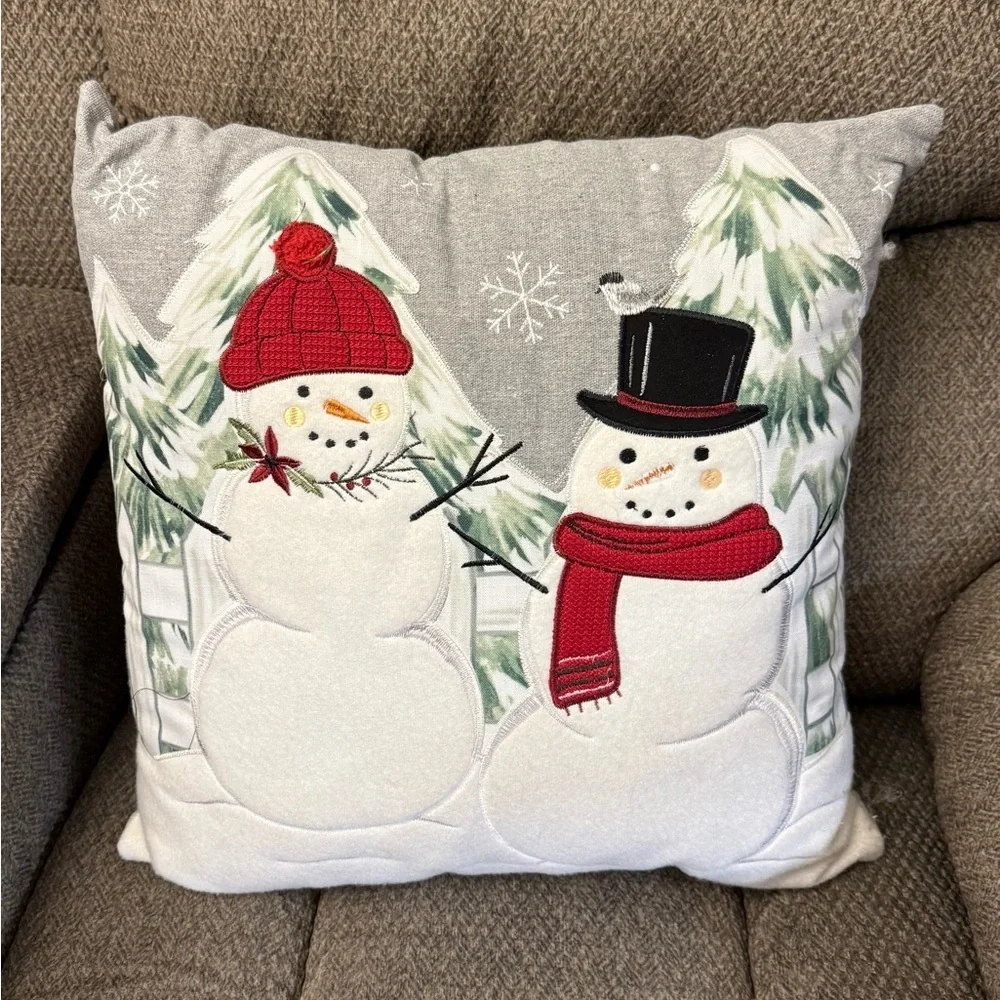 Two St. Nicholas Snowman Pillows 18X18 & One Patchwork Pine Christmas Pillow